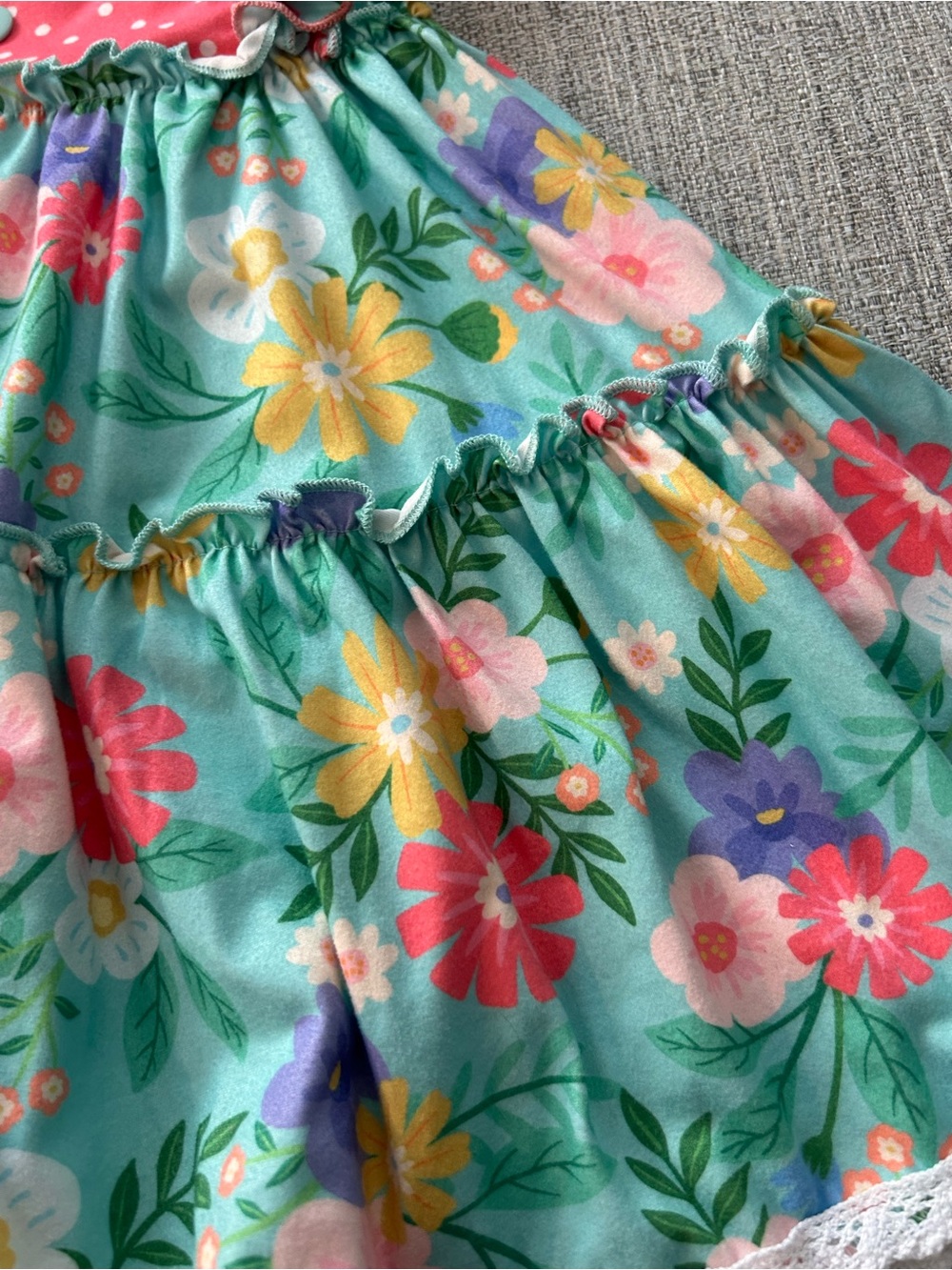 Marie Nicole Mint Floral Tiered Kids Dress w Coral Polka Bodice. Size XS - Picture 4 of 10